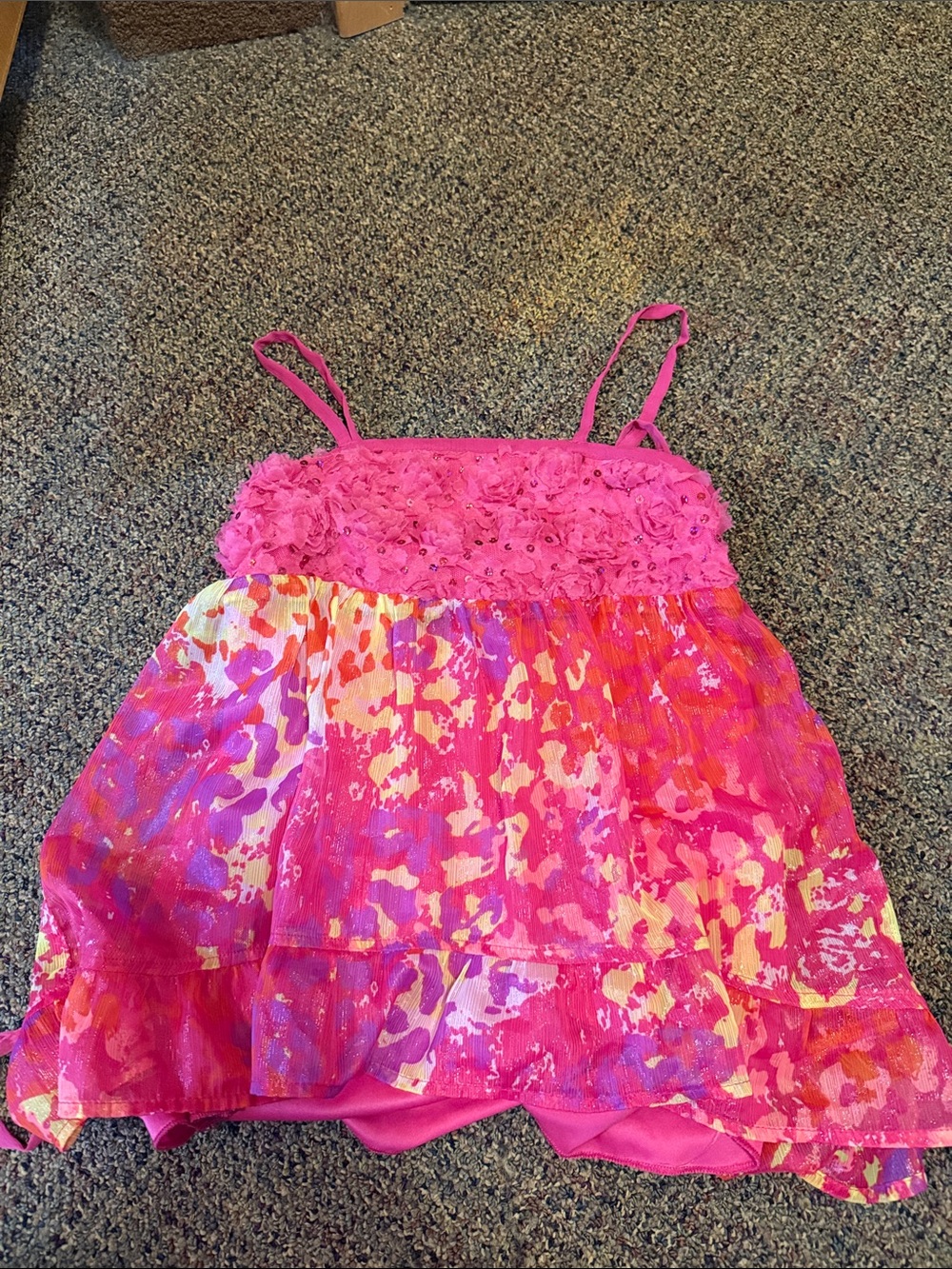 Justice Hot Pink Floral Ruffle Tank with Multicolor Print